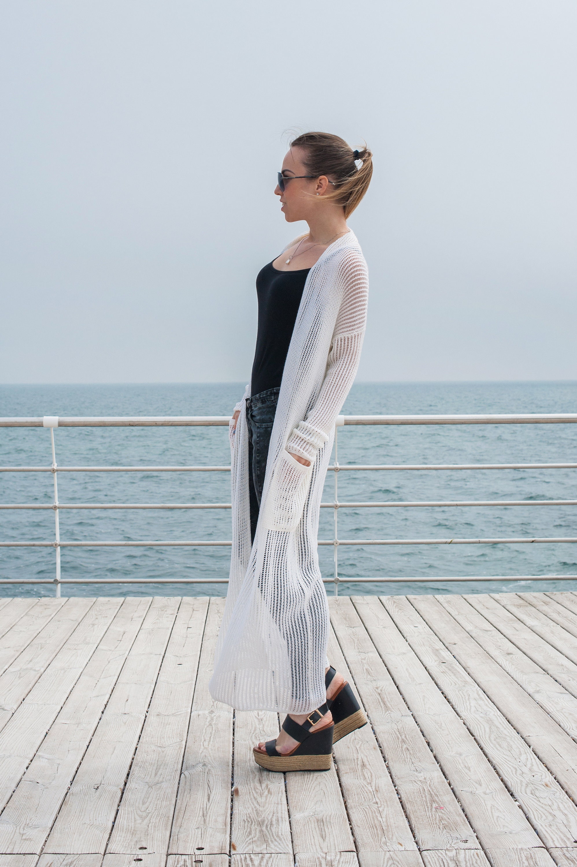 Sheer White Cotton Knit Cardigan, Boho Beach Cover Up - Etsy
