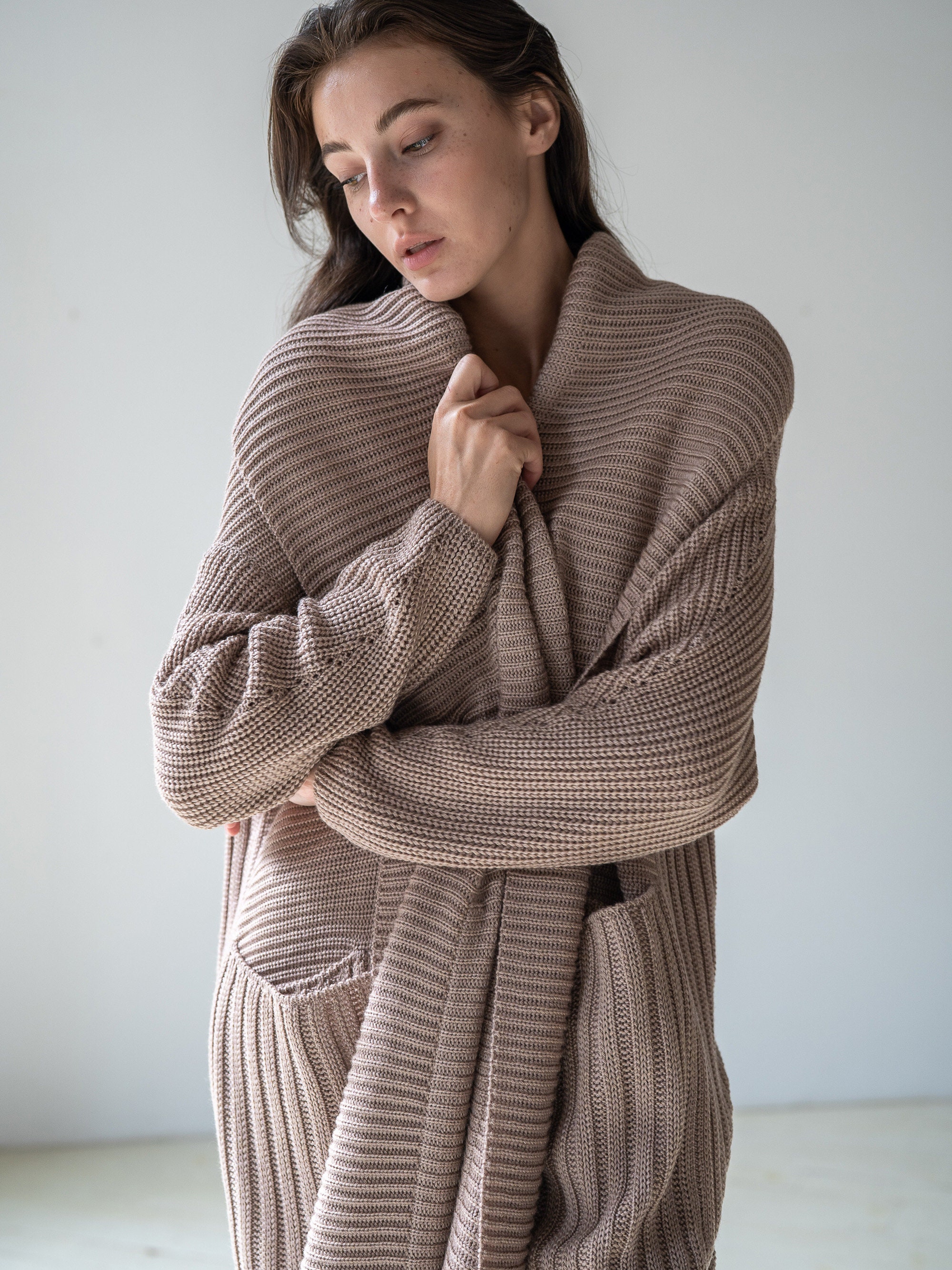 Beige Oversized Cardigan Wool Knit Cardigan for Women Plus Etsy UK