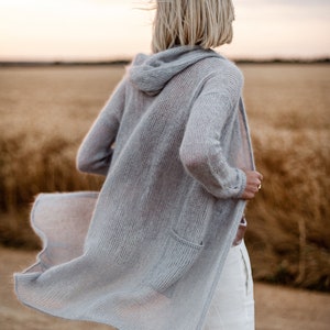 Mohair cardigan, Grey oversized cardigan, Gray long knit cardigan, Crochet bohemian kimono, Plus size clothing, open front cardigan