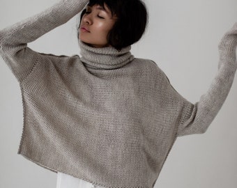 Beige pastel sweater for women, Wool knit oversized sweater, Crop turtleneck sweater for women