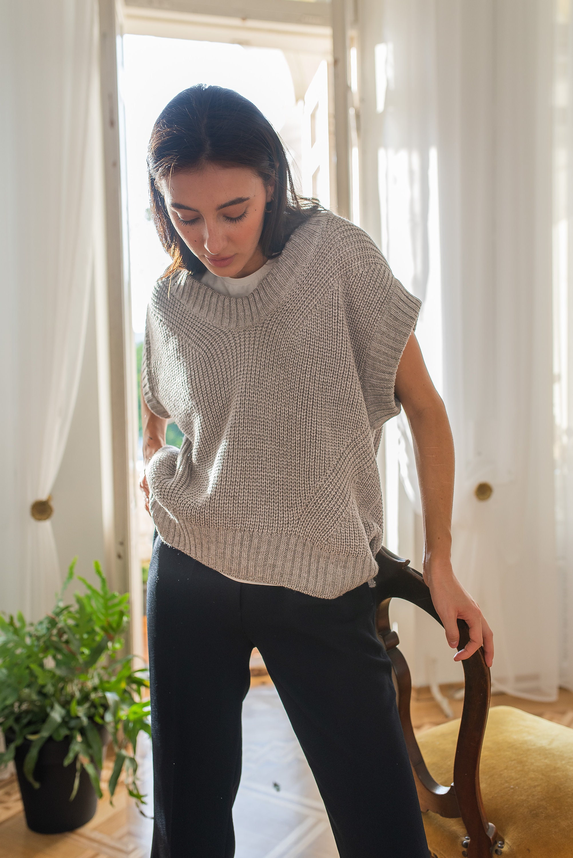 Grey Knitted Vest Loose Fit Vneck Vest Sweaters for Women Etsy