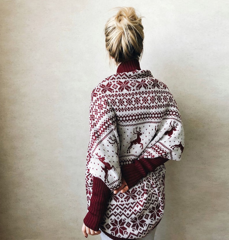 Basic clothing Knitted coat Red and White jacket Scandinavian Cardigan Chunky cardigan Oversize coat Loose knitwear Bordo Coat