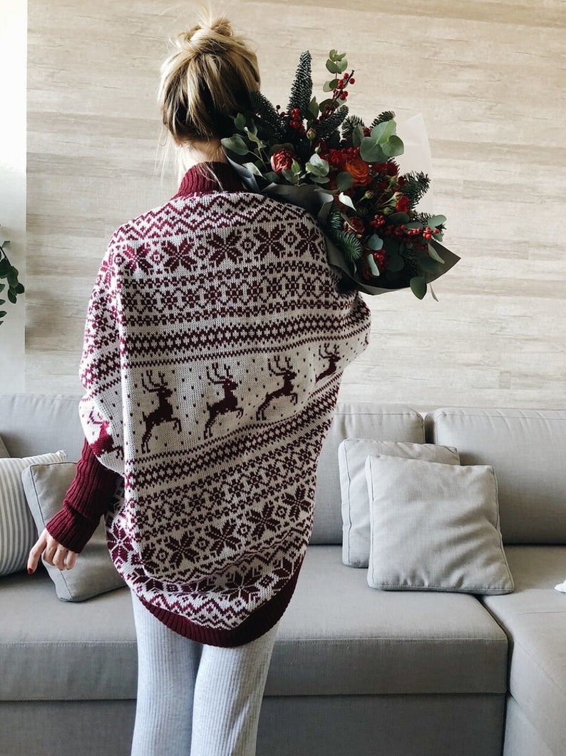 Basic clothing Knitted coat Red and White jacket Scandinavian Cardigan Chunky cardigan Oversize coat Loose knitwear Bordo Coat