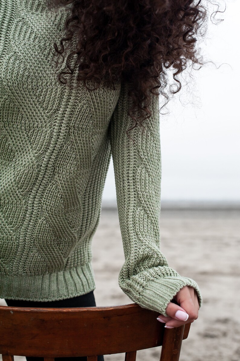 Green Wool sweater, knit jumper, Olive colour knitted top, Cable Knit sweatshirt, Light green color fall clothing, High Neck cozy sweater image 5