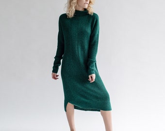 Green Sweater Dress, Turtleneck Knit sweater women,  Plus Size Maxi Dress, Oversized long sweater, Plus Size Clothing, Bohemian Clothing,