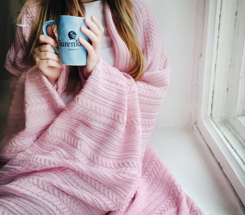 Pink baby blanket Baby blanket knit reveal gender gift Cable knit throw baby shower gift baby girl gift Knitwear Wrap pink plaid