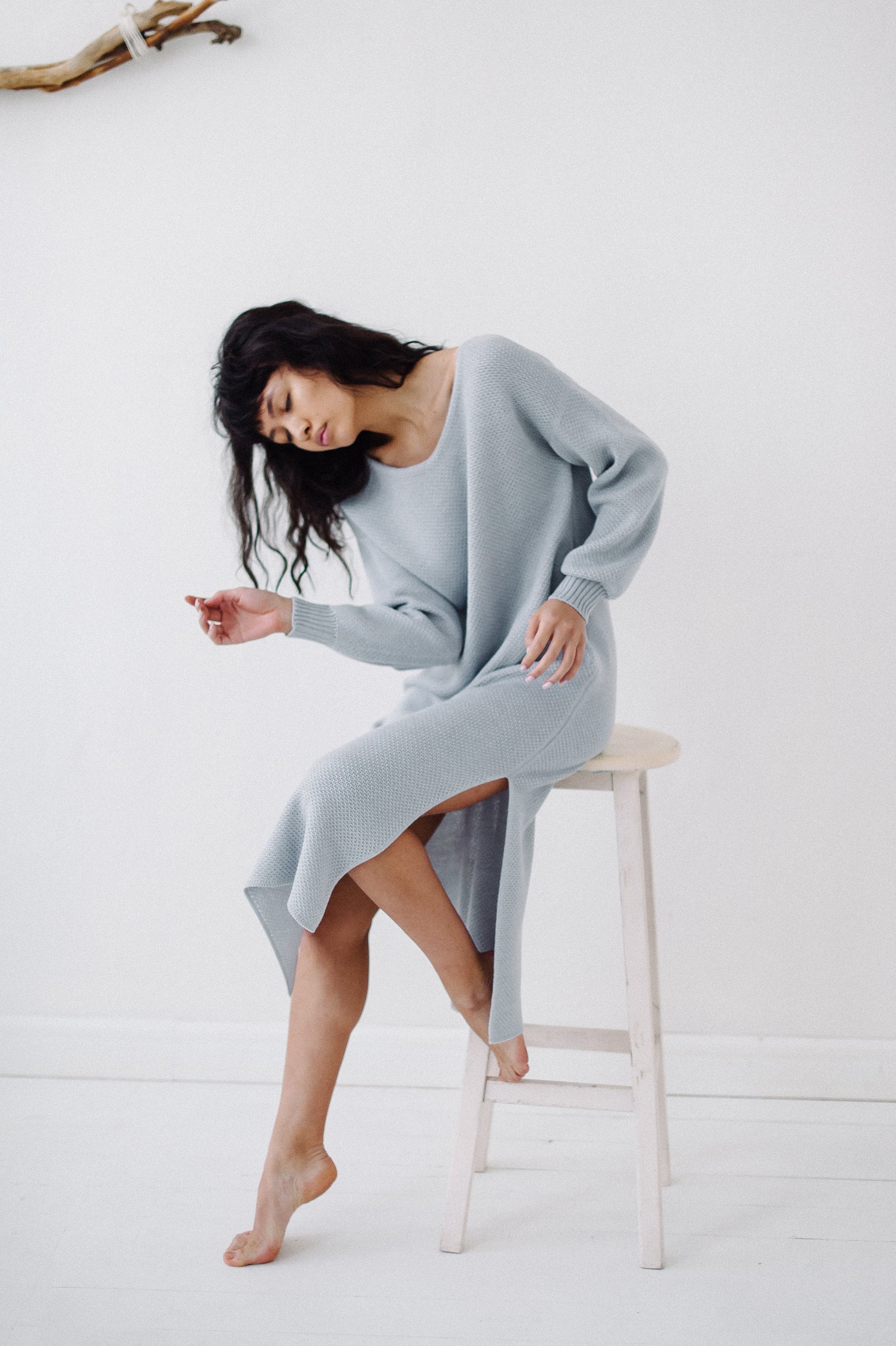 Grey Sweater Dress Plus Size Maxi Dress V Neck Knit Sweater Women