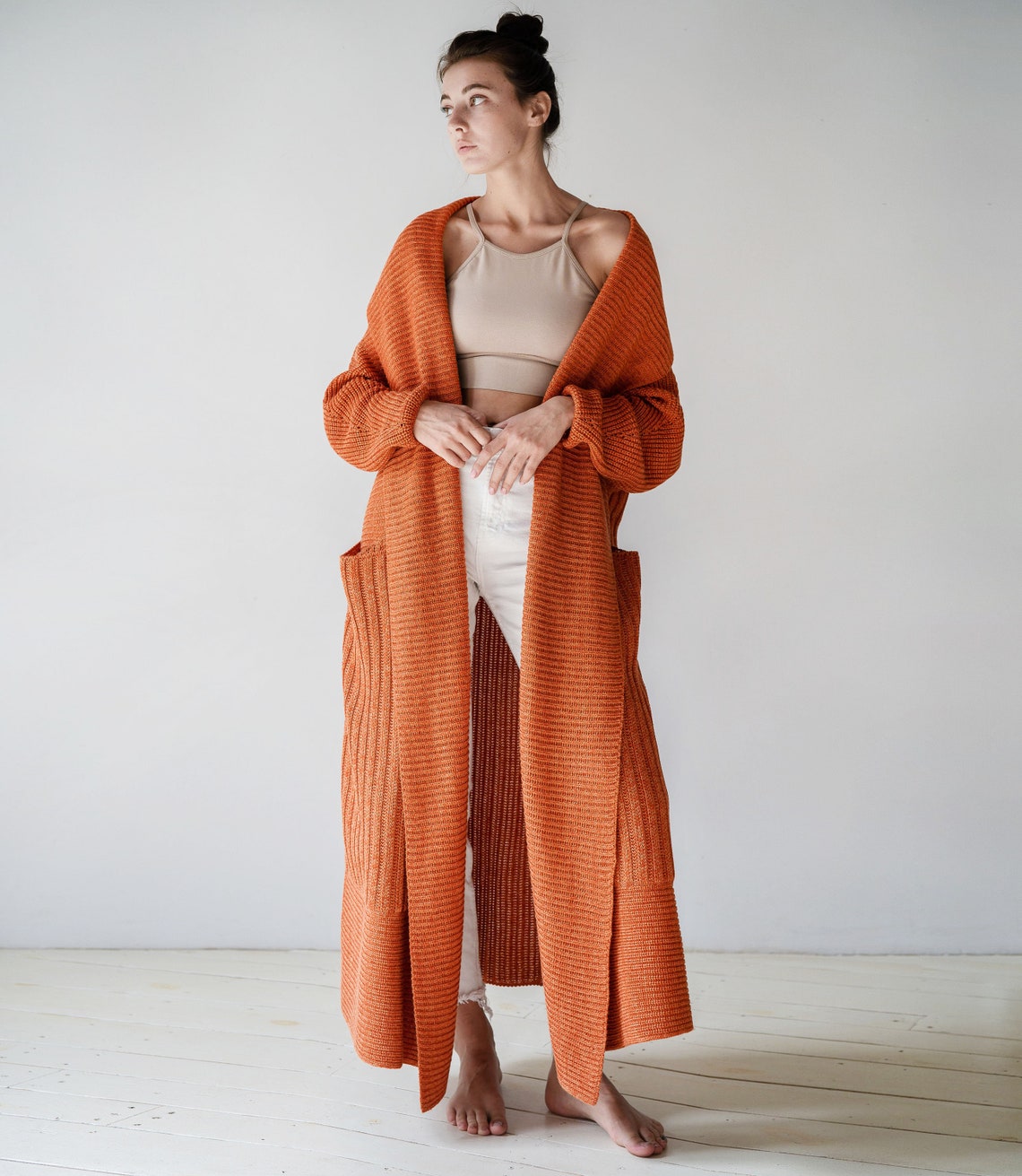 Orange Oversized Cardigan Women Long Knit Cardigan Crochet Etsy