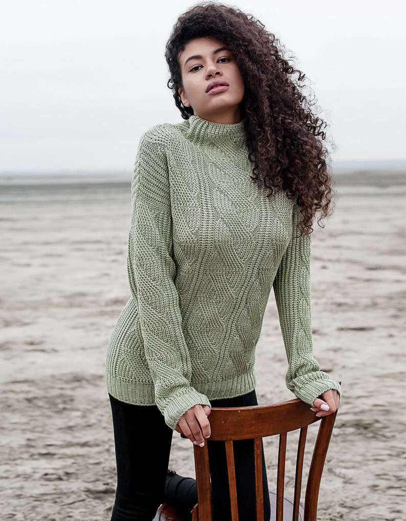 Green Wool sweater, knit jumper, Olive colour knitted top, Cable Knit sweatshirt, Light green color fall clothing, High Neck cozy sweater Olive green