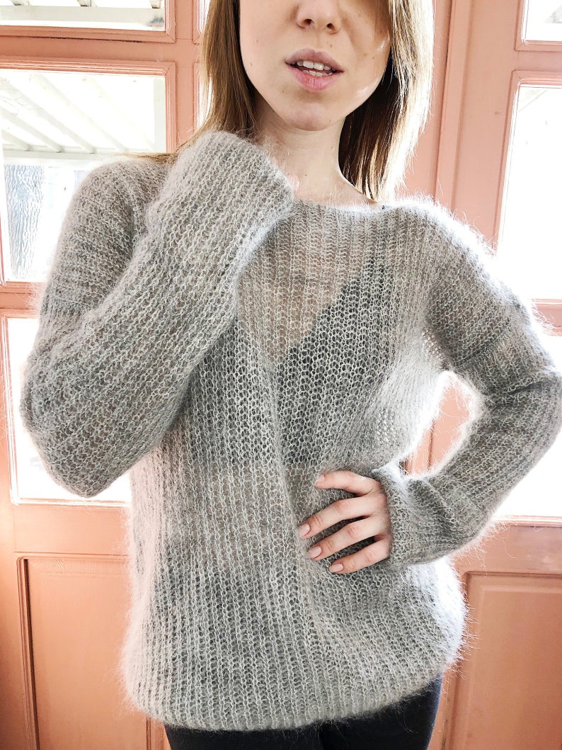 Mohair sweater, Loose knit jumper, Light oversize pullover, Sheer off shoulder sweater, See through clothing, Gift for mom, Mothers day gift Dark Grey