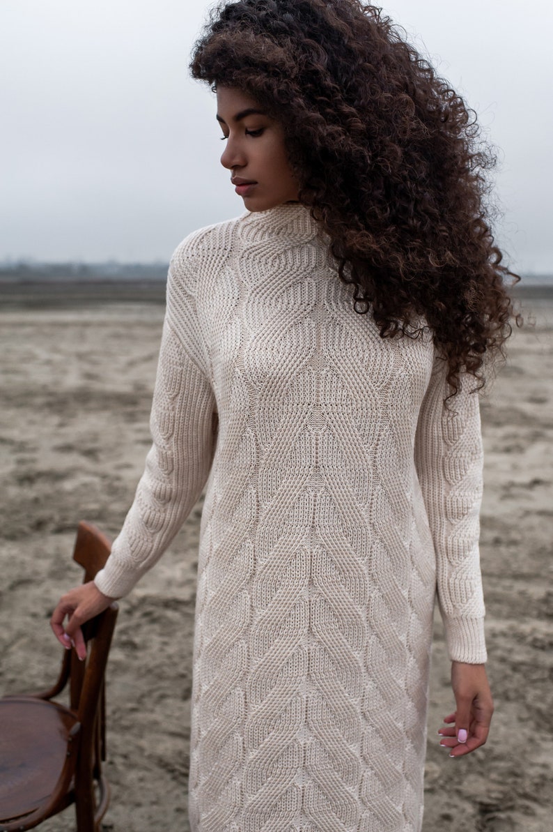 Beige Turtleneck Dress for Women, Nude Knitted Ankle Length Dress