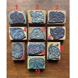 Set of vintage french ink stamps with flowers , ten stamps for scrapbooking , embroidery or printing on fabric, 1960s, made in France