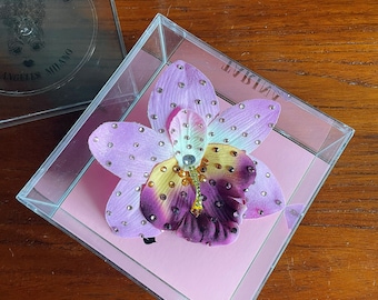 Rare orchid by Tarina Tarantino in silk, with Swarovski pavé, original, Couture box, Jennifer Lopez, hair clip , rare , Los Angeles Milano