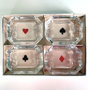 Vintage SET of 4 ashtrays with playing card marks , Czechoslovakian Boho Glass , Playing Cards lovers.