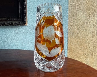 Vintage vase by the Hütte Julia Glassworks ( ex Josephinen ) amber color and transparent , hand-cut lead crystal, 60s, rare, made in Poland