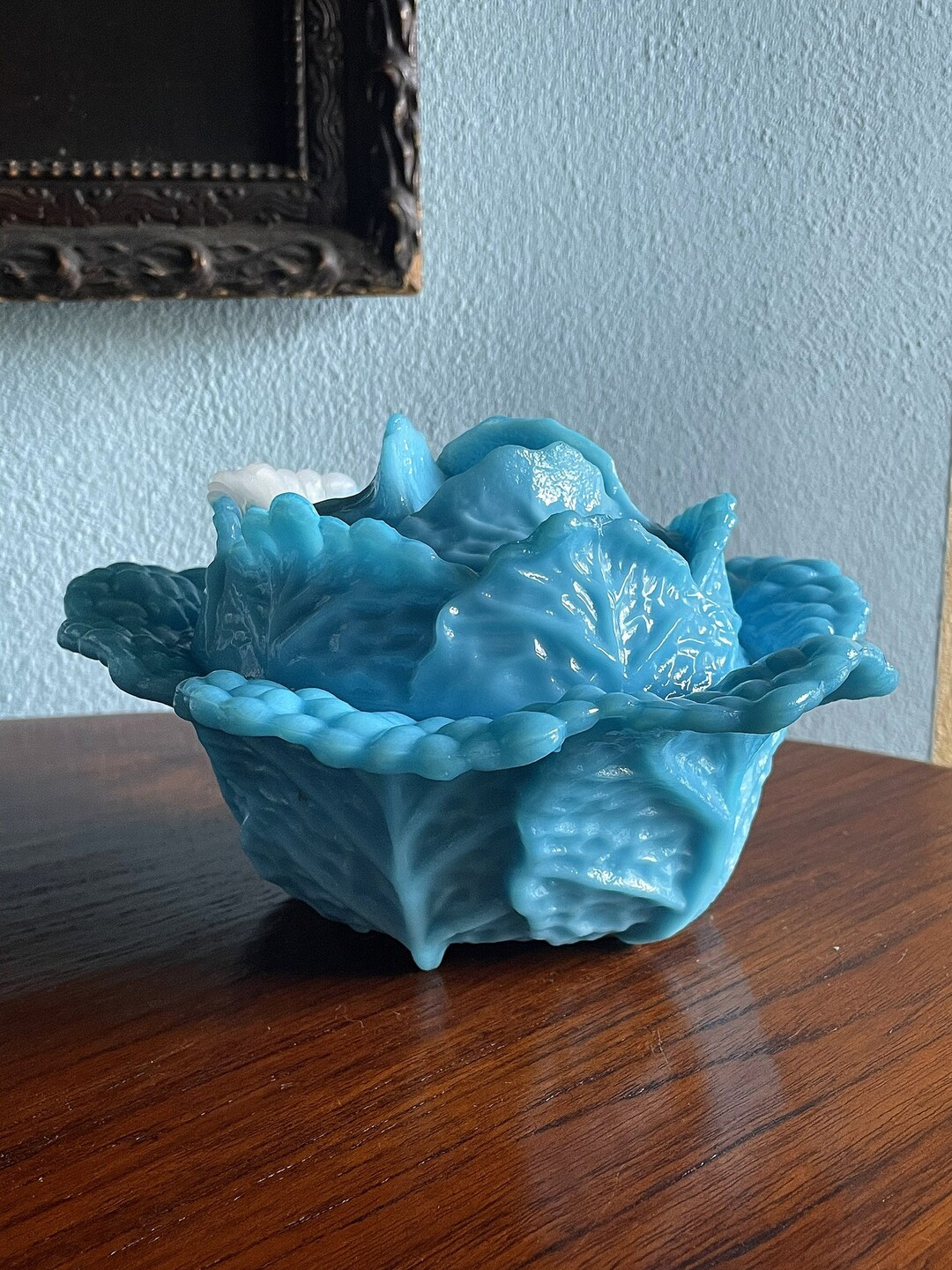 RESTORED Vintage Cabbage Leaf Bowl, Portieux Vallerysthal, 1930s, Blue