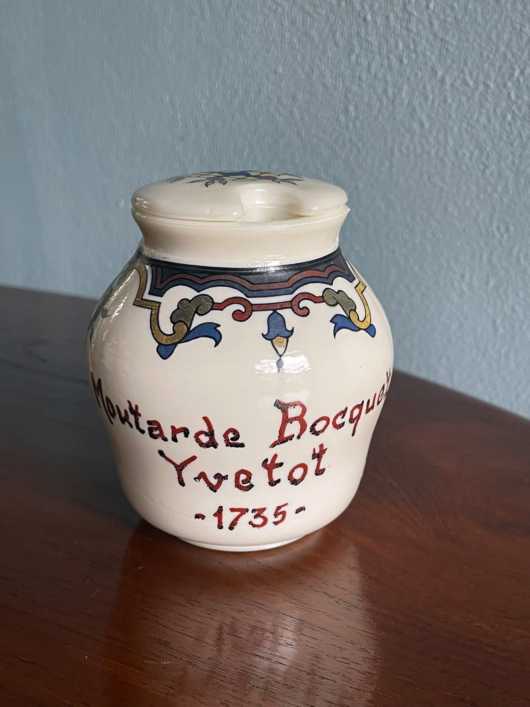 French Jar Moutarde Bocquet Yvetot 1735 in Opalex , Mustard Jar With Lid , Vintage, Country