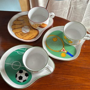 MaryAnn Baker XXL Teacup and plate in three variations: Tennis, Football, or Baseball, Casual Dining, Inheritance Tableware, 1990s, England