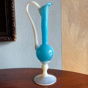 Vintage blue opaline glass vase, opaline vase, vintage vase, vintage glass, amphora in blue opaline, made in Italy , opal glass