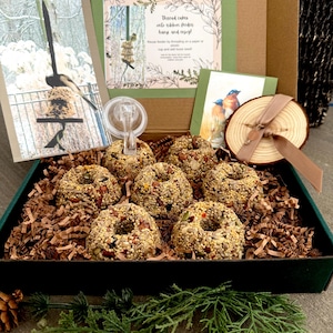 May include: A gift box containing birdseed cakes, a clear feeder hook, and decorative cards. The birdseed cakes are donut-shaped and filled with seeds. The box includes a card with the text "Thread cakes into ribbon feeder, hang and enjoy!"