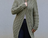 Green Cable Knit Cardigan, Hand Knit Overcoat, Plus Size Clothing, Boyfriend Cardigan, Wool Winter Knitwear, Women waistcoat, Sweater Coat