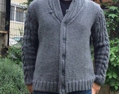 Mens Sweater Cardigan, Hand knitted Men 39 s Overcoat, Gray Boyfriend Cardigan, Ribbed Edge Wool Coat, Warm Chunky Knitwear,Shawl Collar Jumper