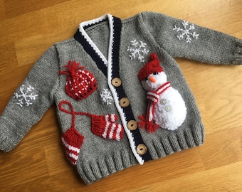 Christmas Baby Boy Outfit, First Christmas Outfit, Christmas Baby Gift, Gray Hand Knit Cardigan, Snowman Outfit, Newborn Photo Prop Sweater