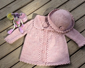 Pink Baby Girl Cardigan Hat, Hand Knitted Clothes, Knit Cable Sweater Coat, New Born Coming Home Outfit, Winter Coat, Newborn Beanie