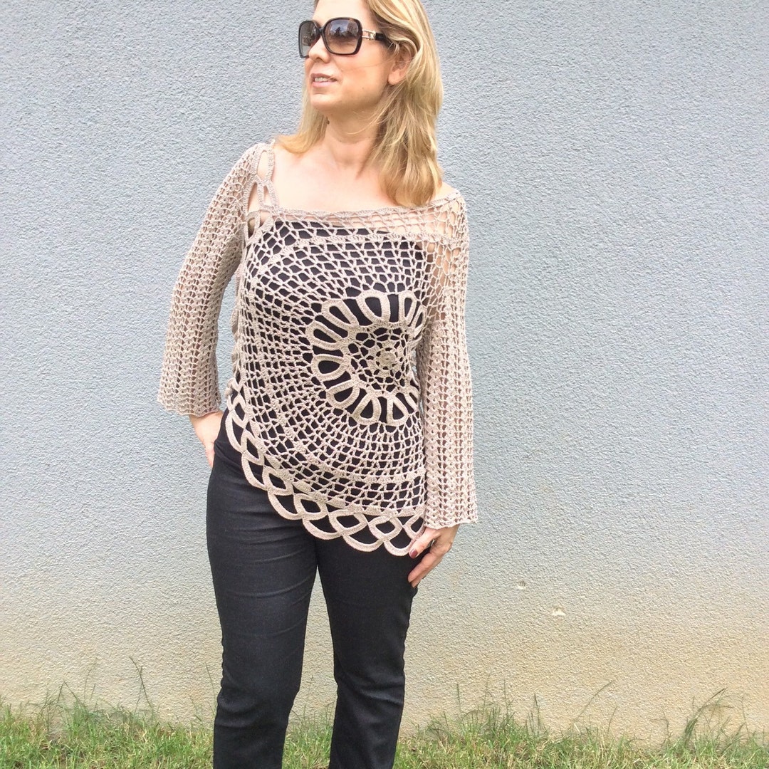 Crocheted Top Long Sleeve Ecru Blouse Summer Sweater Cream - Etsy