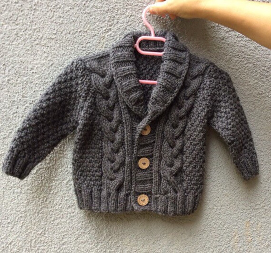 Gray Knitted Baby Cardigan Baby Boy Cable Sweater Hand Knit Etsy