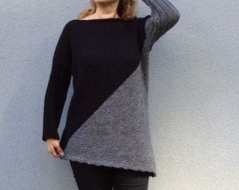 Maglione di taglia Plus, tunico di lana grigia oversize, maglione fidanzato, top sciolto, top asimmetrico, camicia di maternità, blusa grigio nero, tunica invernale