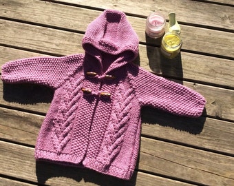 Baby Girl Hooded Cardigan, Knitted Baby Clothes, Cable Knit Sweater, Newborn Coming Home Outfit, Lilac Winter Coat, Baby Shower Gift, Hat