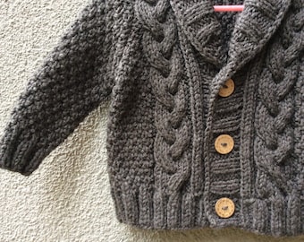 Gray Knitted Baby Cardigan Baby Boy Cable Sweater Hand Knit