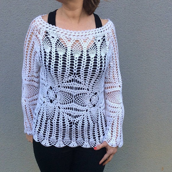 Crocheted Long Sleeve Top, Loose Summer Sweater, Slouchy Crochet White Top, Open Stitch Pullover, Made to Measure Top, Festival Clothing