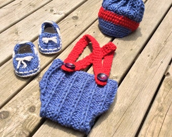 Newborn Photo Prop Outfit, Hand Knit Baby Overall, Hand Knitted Booties, Blue Red Baby Romper, First Birthday Outfit, Photography Props