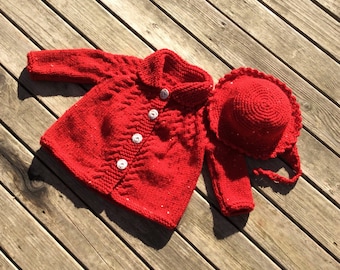 Christmas Baby Girl Outfit, Red Baby Girl Cardigan, Hat and Bootie Set, Knit Cable Sweater Coat, Newborn Coming Home Outfit, Winter Coat