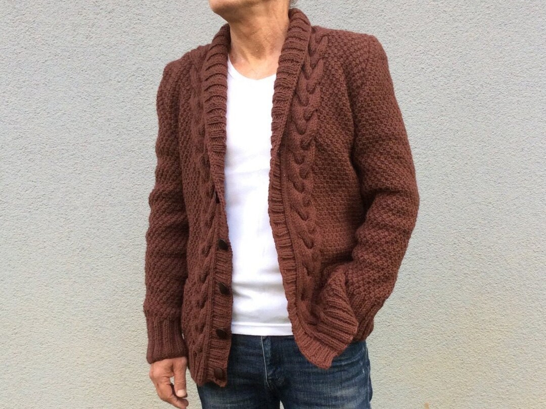 mens shawl collar cable knit cardigan sweater