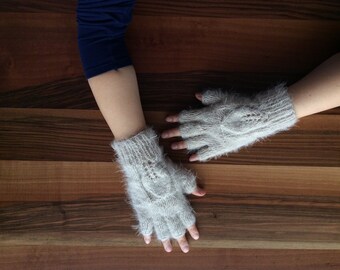 Womens gloves, Hand Knitted Gloves, Cream Rabbit Fur Mitten, Fingerless Ivory Gloves, Winter Accesories, Winter Clothing, Knitwear, Knitting