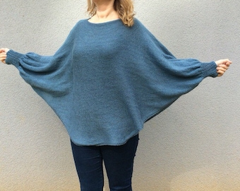 Knitted Blue Sweater, Oversized Poncho, Plus Size Clothing, Hand Knit Wool Tunic, Womens Clothing, Loose Top, Poncho Women, Boho Poncho Top