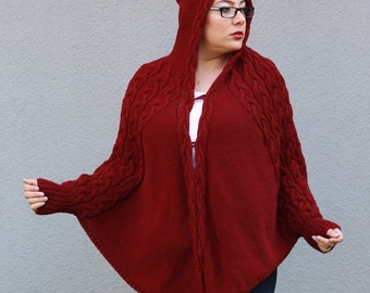 Hooded Poncho, Hand Knitted Cardigan, Cable Knit Poncho, Plus Size Clothing, Chunky Knit Cape, Oversized Hood Pelerine, Maxi Wool Coat Cloak