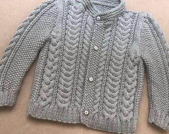 Hand Knit Cotton Baby Cardigan, Gray Baby Boy Cable Knit Sweater, Newborn Boy Coming Home Outfit, Baby Knitwear, Baby girl outfits winter