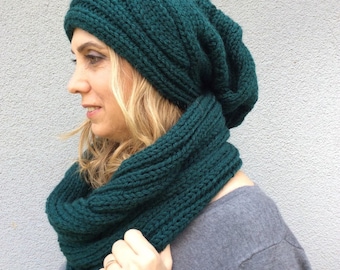 Knit Winter Accesories, Green Chunky Hat Scarf Set, Wool Neck warmer, Hand Knitted Beanie, Infinity scarve,  Double-wrap moss stitch cowl