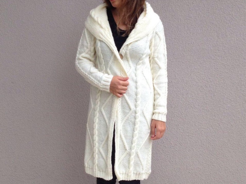 Merino Yarn Cream Knitted Coat Plus Size Long Overcoat Oversized Knitwear Cable Knit Sweater Merino Wool Cardigan Boyfriend Cardigan
