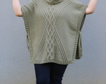 Wool Poncho, Hand Knit Cape, Green Winter Poncho, Plus Size Cape, Plus size clothing, Cable Knit Sweater, Maternity Clothing, Women Knitwear