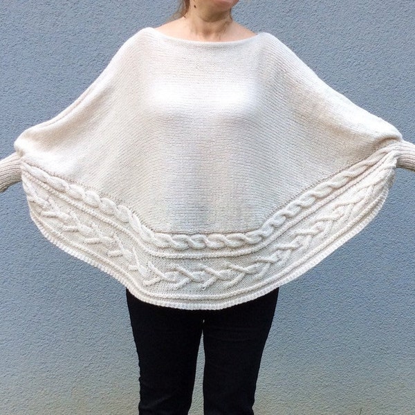 Ecru Maternity Clothing, Plus Size Sweater, Oversized Poncho, Hand Knit Ivory Sweater, Plus Size Clothing, Cable Knit Tunic, Poncho Women