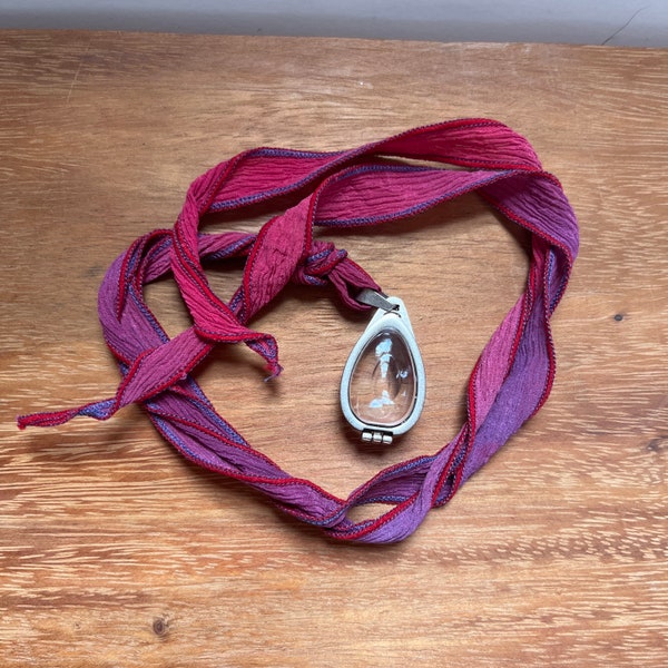 Intention Pendant-antique silver- silk ribbon- berry plum and red