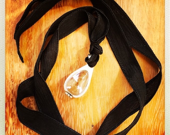 Intention Pendant- antique silver or antique brass - strung on hand painted silk ribbon - true black