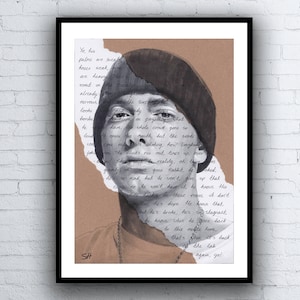Eminem Portrait Drawing - Fine Art Giclée print met Lose Yourself Lyrics - A5 A4 A3 Maten limited edition slim shady 8 mijl