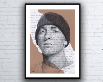 Eminem Portrait Drawing - Fine Art Giclée print with Lose Yourself Lyrics - A5 A4 A3 Sizes limited edition slim shady 8 mile