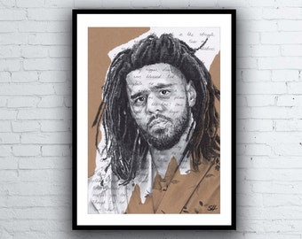 J. Cole Drawing Portrait with Love Yourz Lyrics - Limited Edition Giclée Art Print - A5 A4 A3 sizes